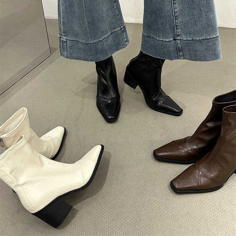 2025 popular autumn and winter new 2025 style square head thick heel high heel short boots women's retro versatile rear zipper fashion Martin boots