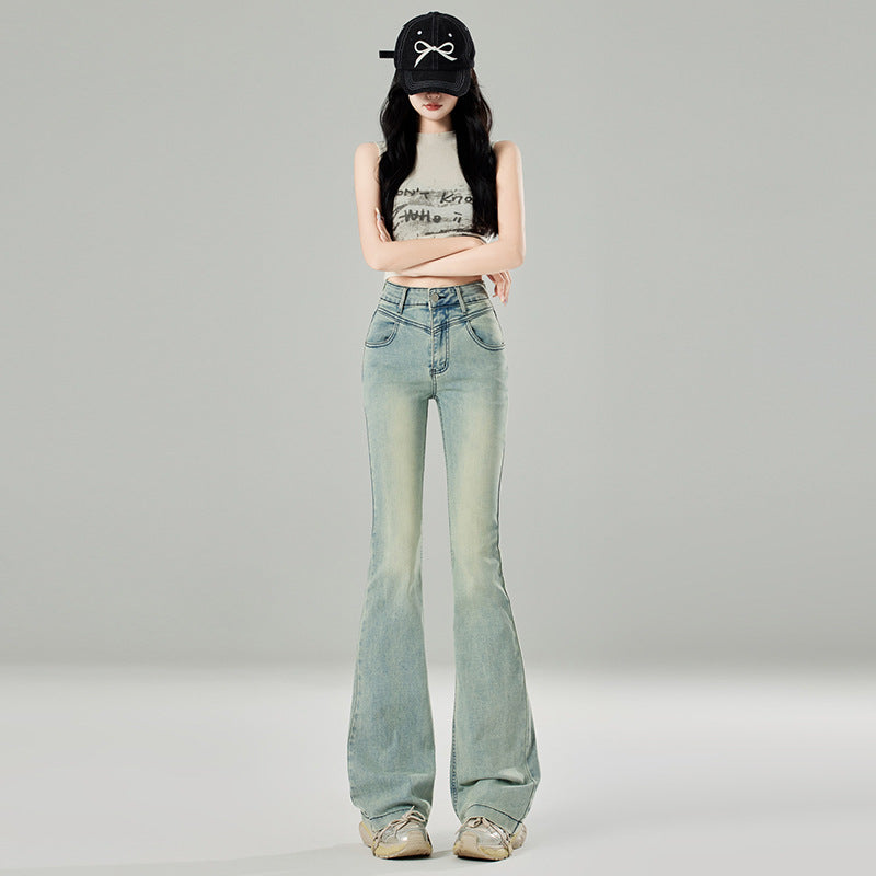 2025 Light blue micro-horn jeans women's popular summer and autumn new high-waisted retro design horseshoe horn pants