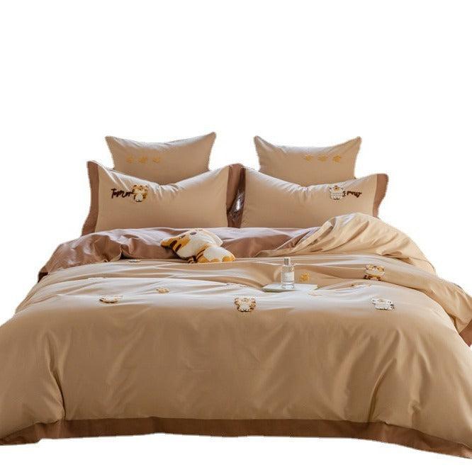 Yeknu Cute Cartoon Tiger Towel Embroidered Cotton Four-Piece Set 100 Long-Staple Cotton Quilt Cover Bed Sheet Fitted Sheet Bedding Set