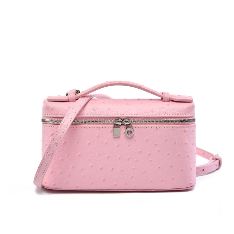 2025 Leather women's bag new high-end lunch box bag, portable cosmetic bag, ostrich pattern shoulder messenger bag.
