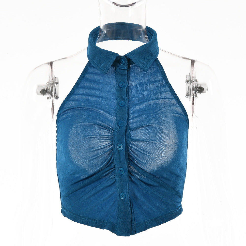 2025 women's clothing summer new sleeveless top simple design sexy backless single-breasted small lapel shirt women