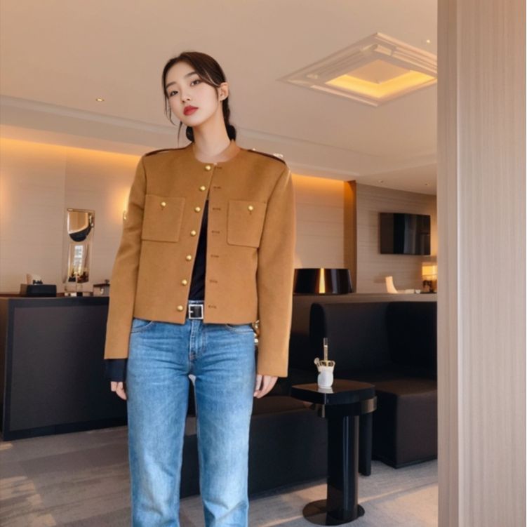 celebrity style thin short coat women's early autumn new double pocket small versatile crew neck jacket K6030