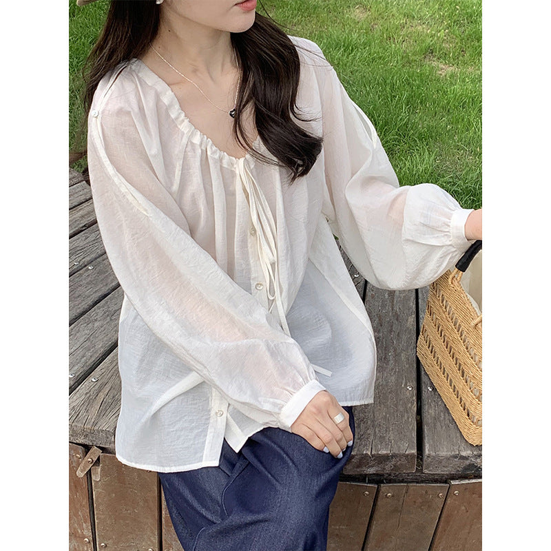 2025 2025 thin sunscreen shirt Korean temperament loose sweet strap design top 23060