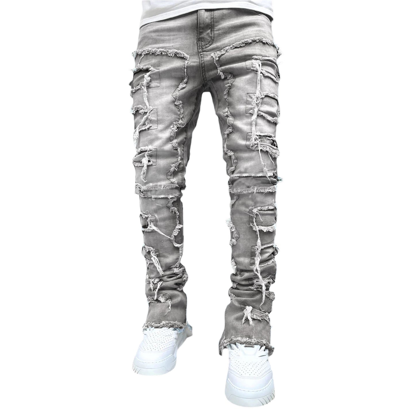 2025 Cross-border new men's denim straight pants, 2025 street fashion ins popular elastic sticker denim straight pants