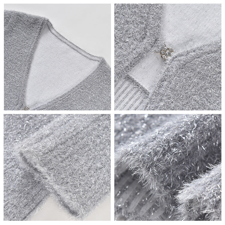 Liu Wen same small short thin bright silk knitted sweater autumn new design niche top K6053