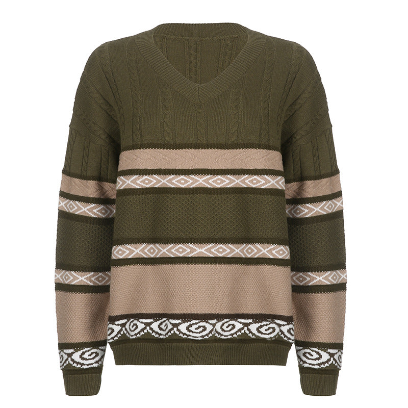 qgtao grunge outfits American Retro Mori Girl V-neck Lace Pattern Contrast Color Soft Glutinous Loose Top Lazy Style Autumn and Winter All-Matching Sweater