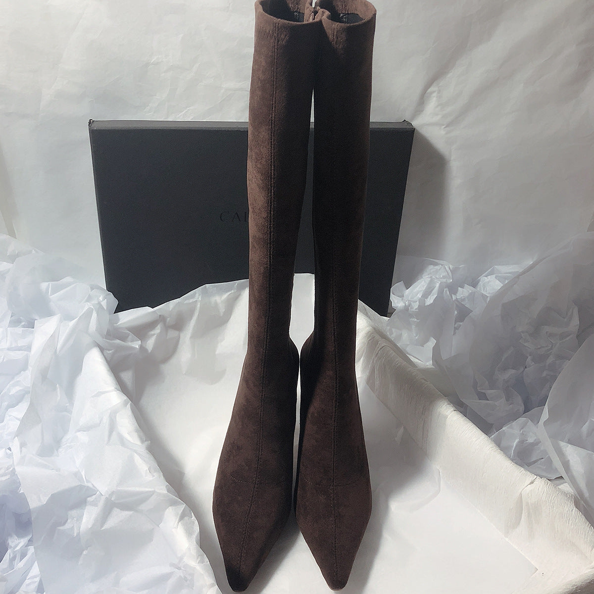 2025 Korean version of simple long boots but knee elastic boots matte thin boots side zipper pointed high heel boots