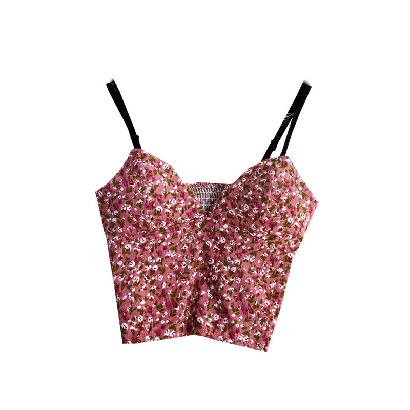 qgtao outfit inspo Small Floral V-neck Short Sexy Tube Top off-the-Shoulder Slim Inner Strap Sleeveless Wrapped Chest Vest Outer Top for Women