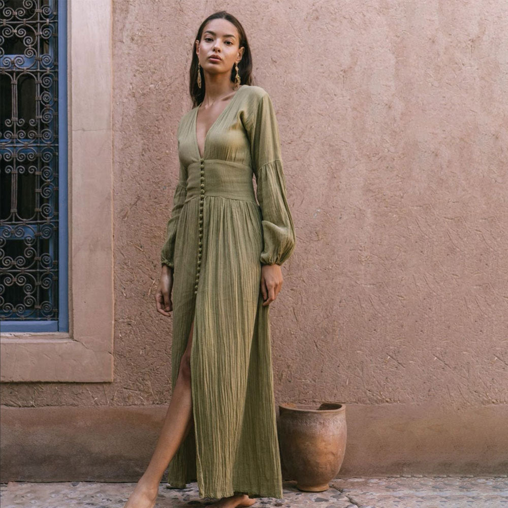 qgtao pop culture dress to impress Women's Clothing New French Style Retro V-neck Waist Pleated Loose Slit Temperament Long Sleeve Dress