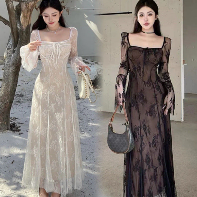 Sexy Knitted Lace Dress Femininity Mesh Fishtail Dress Bottom Long Dress 2025 Spring New