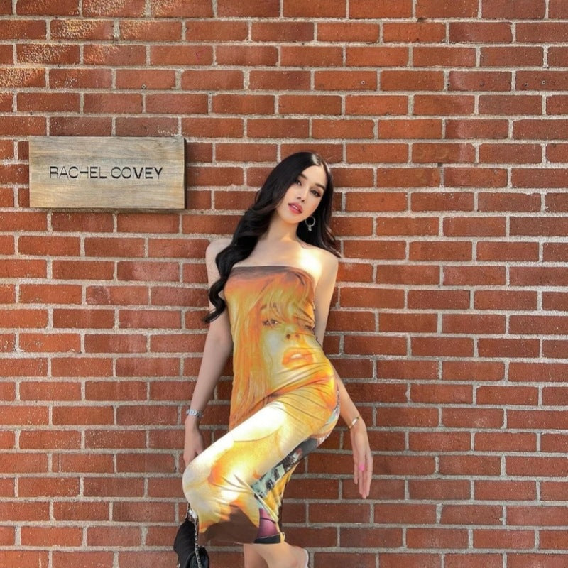 qgtao calico hair Dress Summer Women's Double-Sided Portrait Print Hot Girl Tube Top Slim-Fit Sheath Dopamine Wear Dress Two-Way Wear