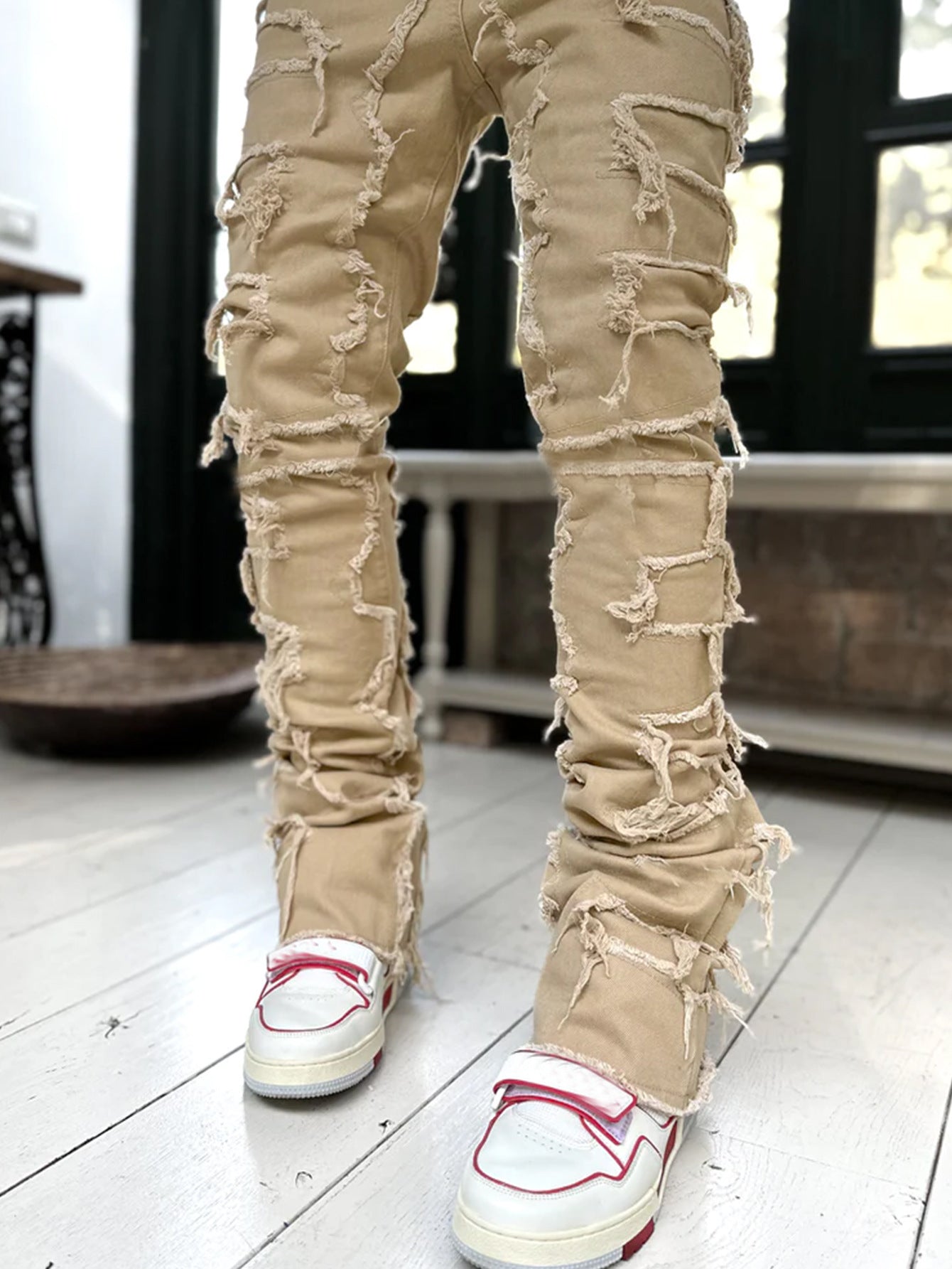 2025 Cross-border new men's denim straight pants, 2025 street fashion ins popular elastic sticker denim straight pants