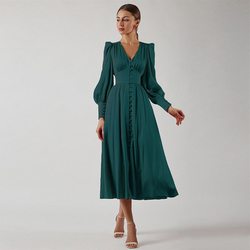 qgtao pop culture dress to impress 2024 Autumn and Winter Women's Long Dress V-neck Satin Court Waist-Tight Retro Dress Women