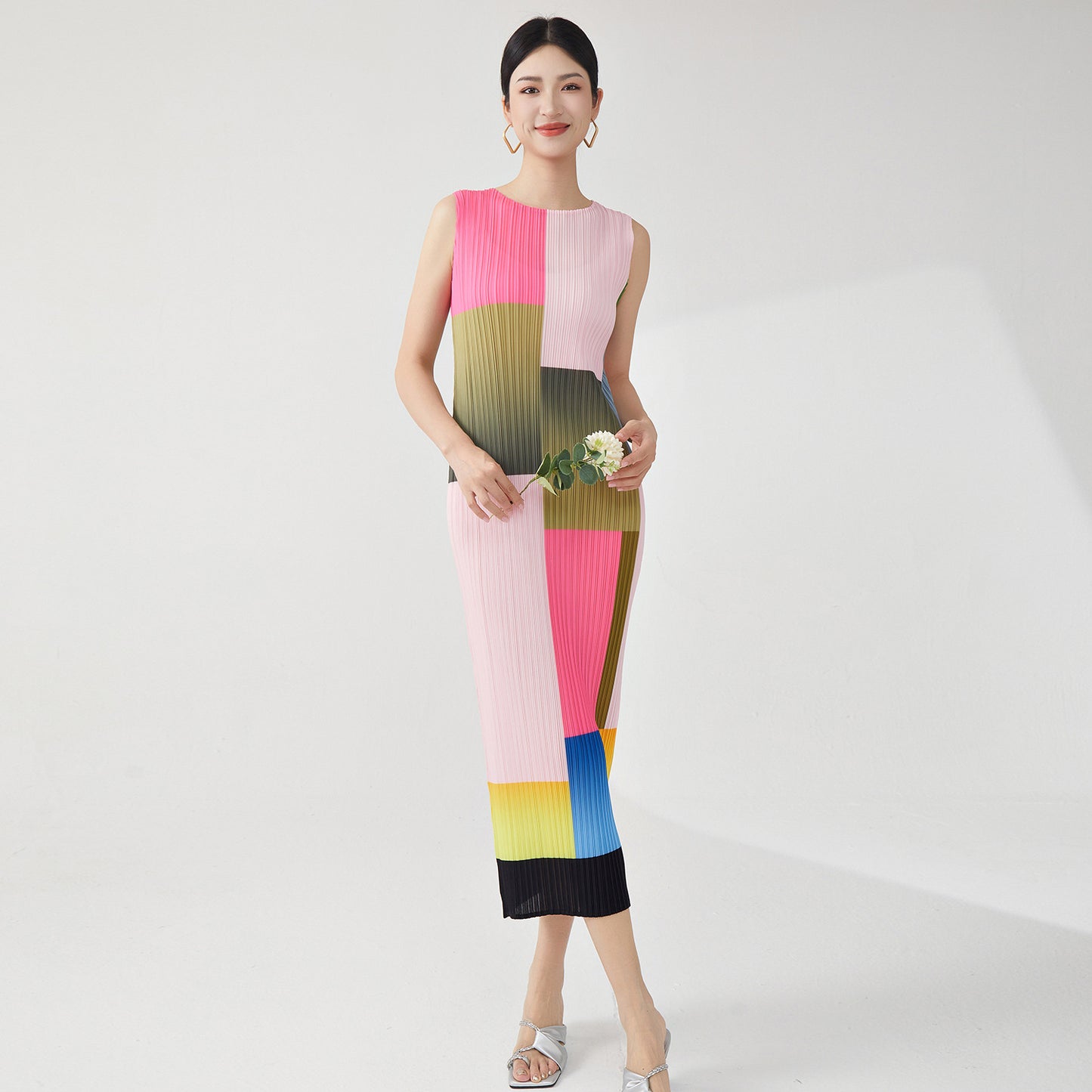 dress high sense light luxury summer contrasting color sleeveless medium and long design sense niche temperament elegant straight skirt