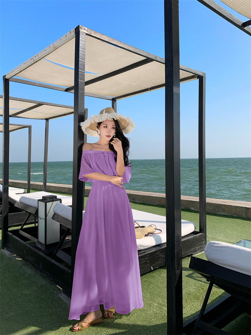 2025 Fairy beautiful one-word shoulder purple beach dress chiffon drape seaside vacation dopamine dress super fairy wear