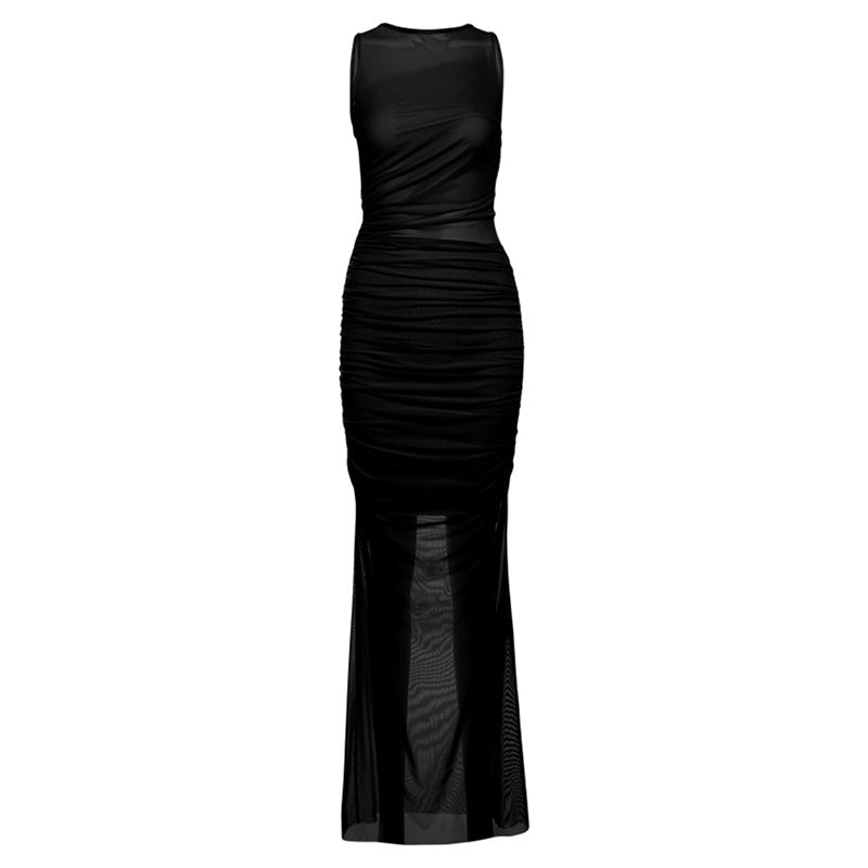 2025 style spring new women's dress sexy mesh perspective sleeveless crew neck dress