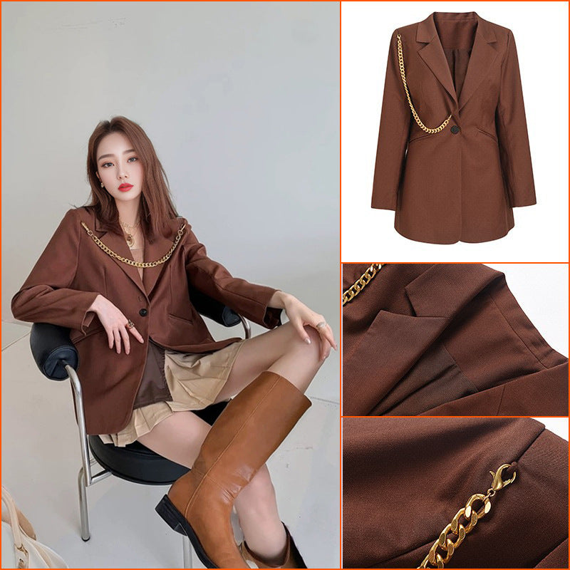 Coffee shoulder chain decorative suit salt fried street jacket women's autumn and winter women's clothing new casual loose suit