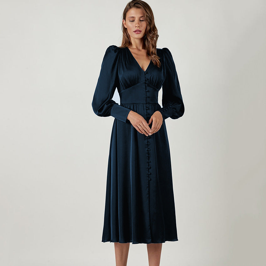 2025 spring new satin dress women's design lantern sleeves waist thin temperament slim dress
