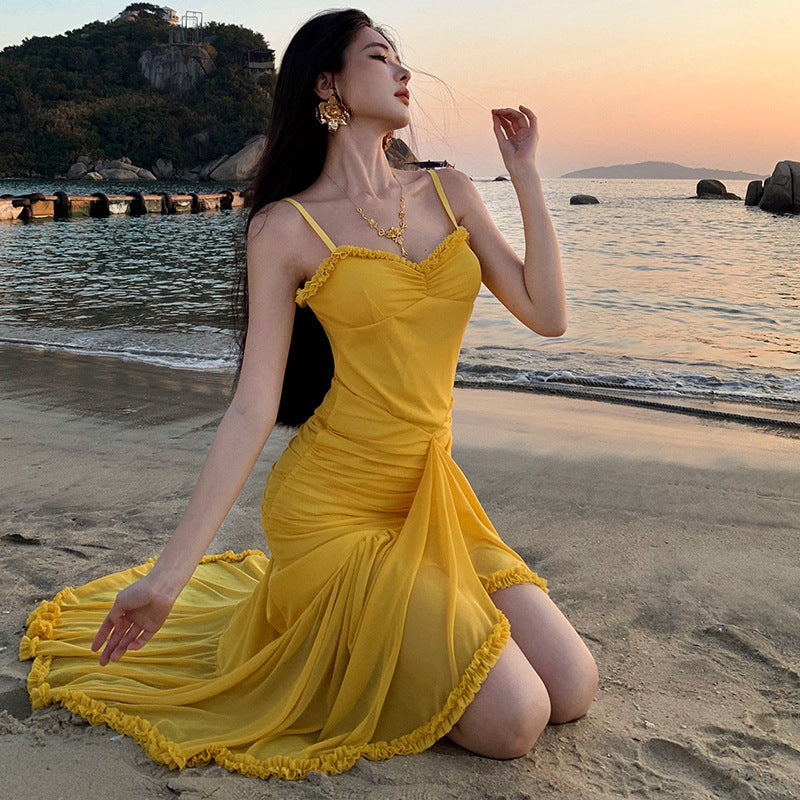 2025 Temperament Slim Sexy Spice Girl Suspender Dress Female Design Sense Niche Lace Irregular Dress Vacation Beach Dress