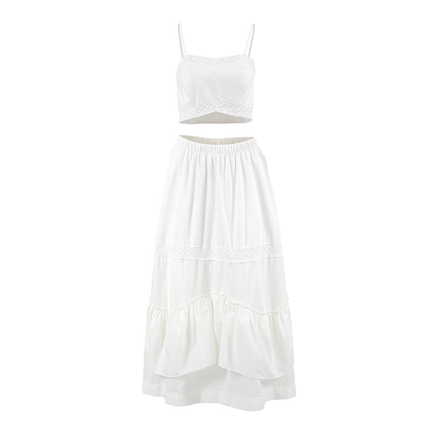 2025 spring and summer sexy design sense white cotton and linen suspender square neck short top middle waist split skirt two-piece set