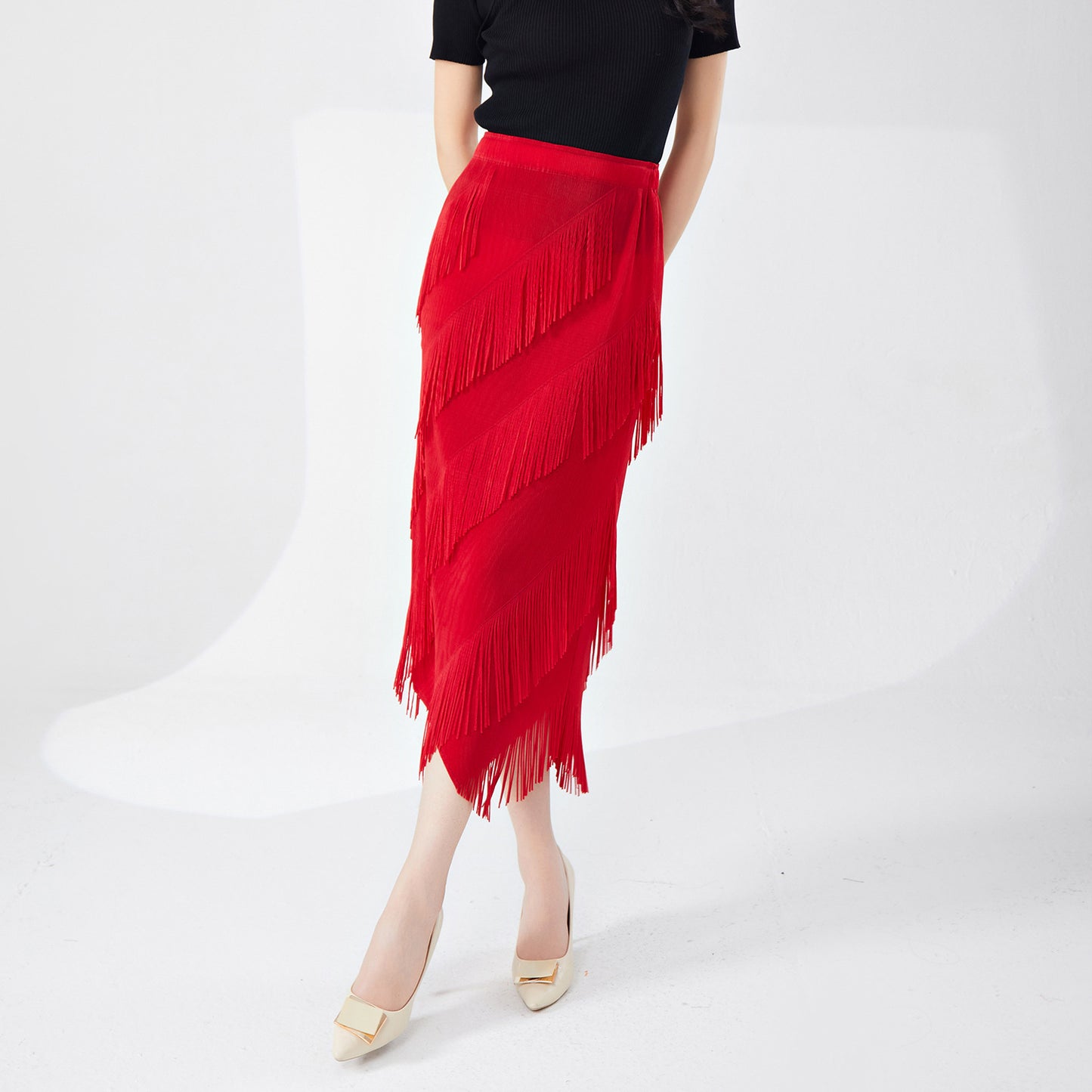 fringed skirt spring and summer high sense irregular medium and long temperament versatile straight hip skirt Popular style