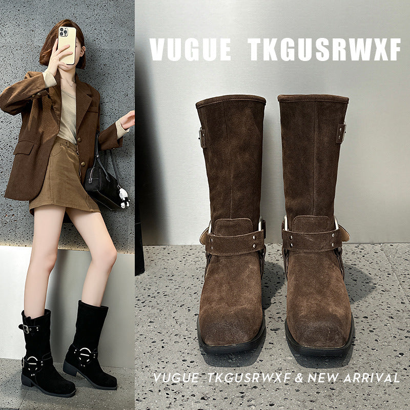 2025 Leather Cow Velvet Wasteland Boots Merad Western Cowboy Boots Khaki Belt Buckle Pile Boots
