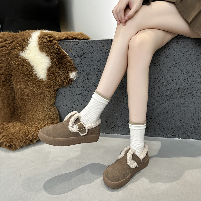 2025 Leather Birkenstocks women's autumn and winter velvet Mori retro one-pedal lamb wool shoes women wear flat cotton shoes in winter