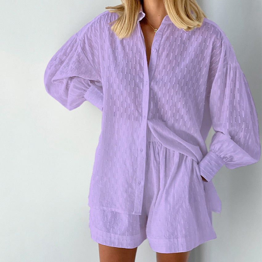 2025 popular Summer Women's Shirts Jacquard Bubble Sleeves Temperament Tops Shorts Commuter Design Casual Suit