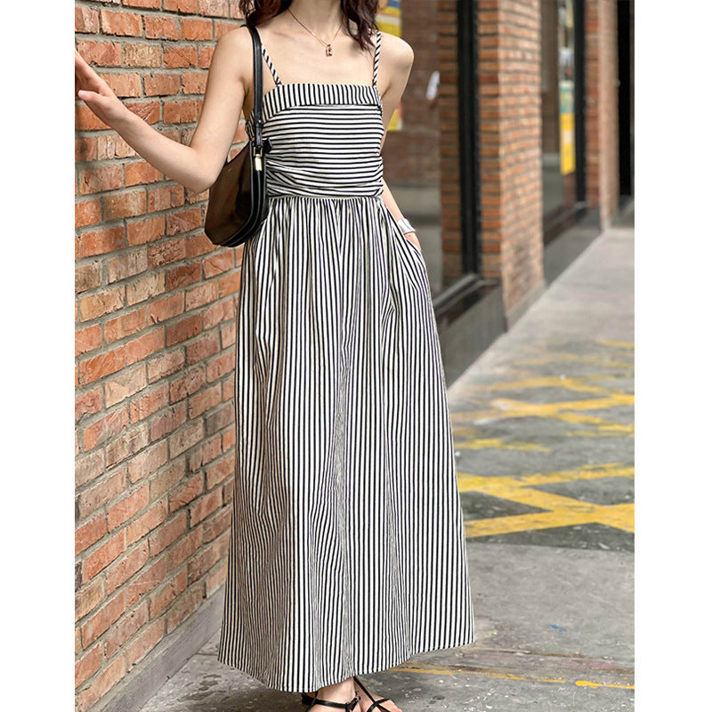 2025 popular summer new dress women's black and white striped temperament waist thin tube top sleeveless long dress 1601