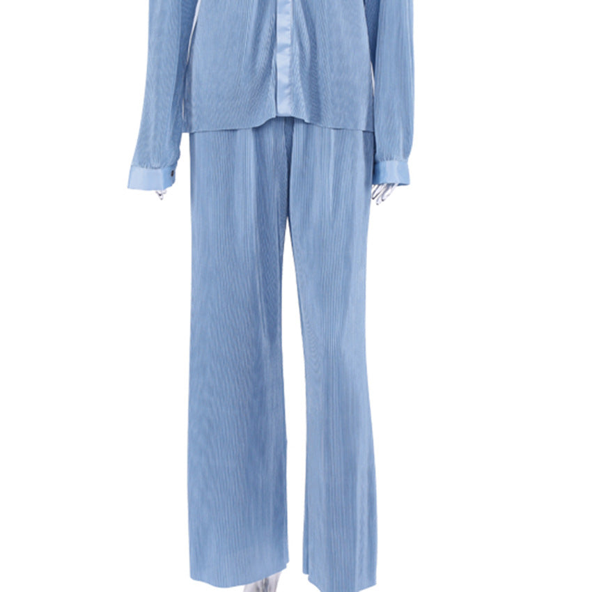 2025 popular autumn and winter new long-sleeved lapel pleated shirt women's wide-leg mopping floor drape pleated trousers set solid color