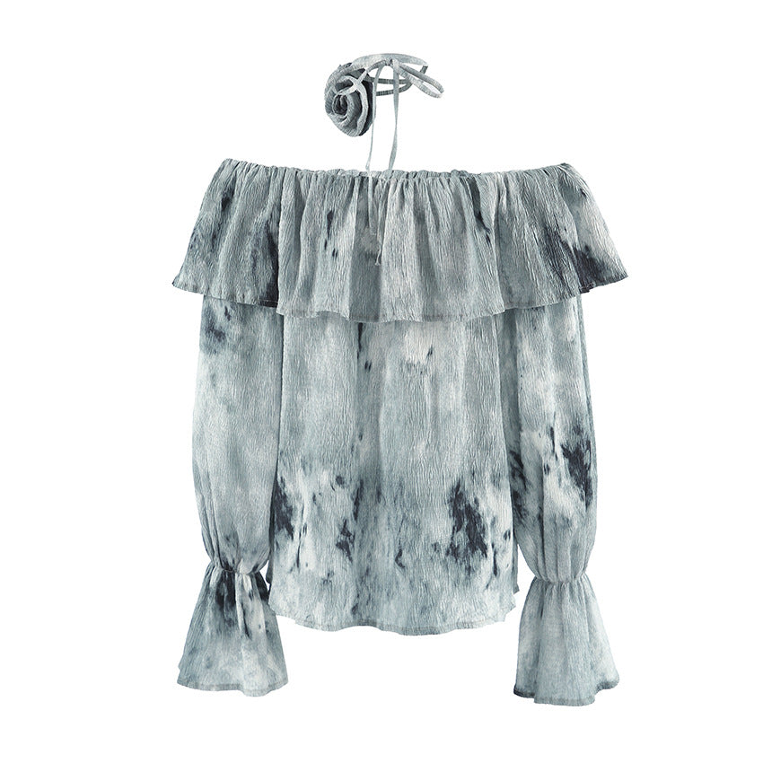 2025 Spring and summer fashion national style flower casual printing crepe one-word collar shirt lace-up loose horn sleeve top