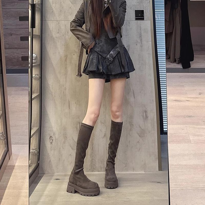 2025 But knee suede boots children thick-soled autumn and winter new thin elastic long tube thin boots flat knight boots