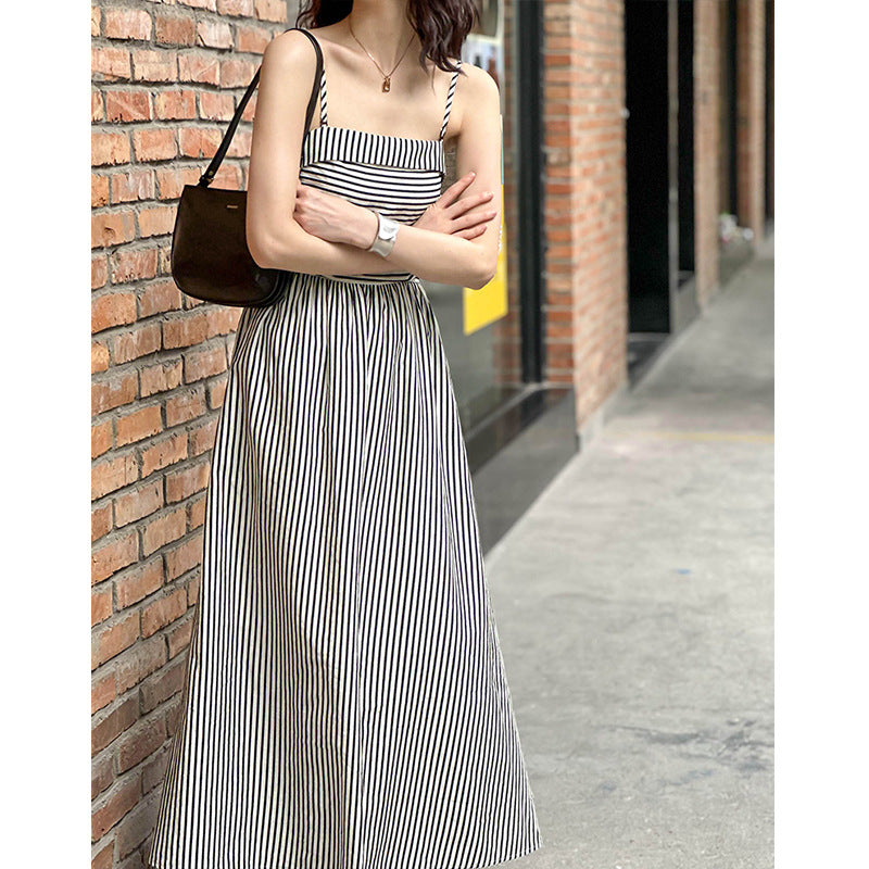 2025 popular summer new dress women's black and white striped temperament waist thin tube top sleeveless long dress 1601