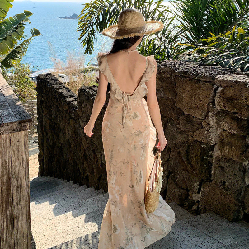 2025 gentle wind ruffle leaf edge floral suspender dress women's summer waist seaside vacation fishtail hip wrap dress