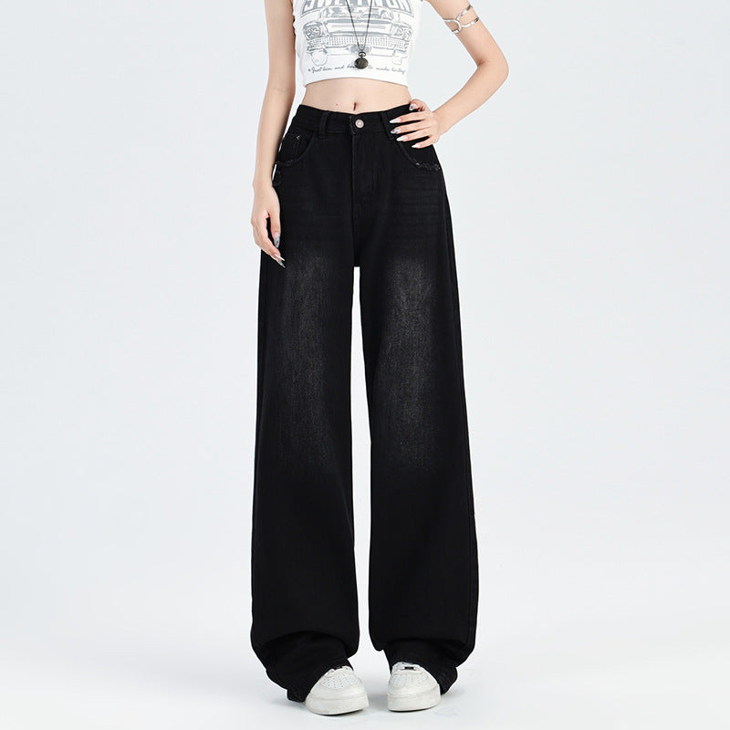 2025 Cement gray jeans women's autumn popular new high waist thin ripped straight narrow version mopping small pants