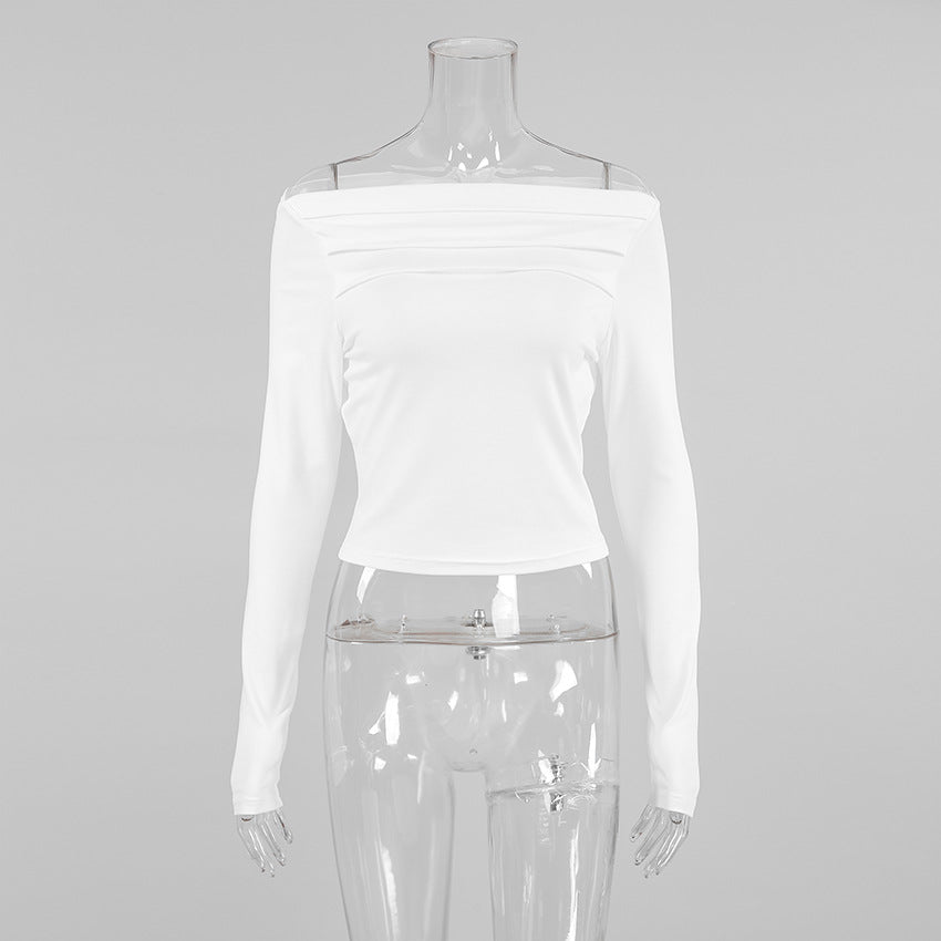 2025 Autumn sexy temperament irregular collar long-sleeved knitted women's T-shirt white niche slim-fit short top