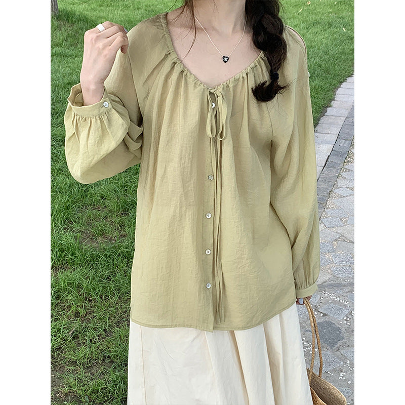2025 2025 thin sunscreen shirt Korean temperament loose sweet strap design top 23060