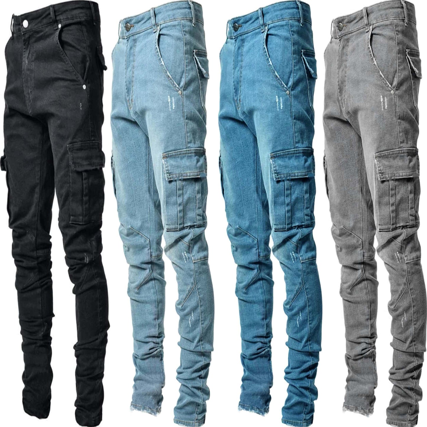 2025 Popularan Station Casual trendy men's elastic multi-bag pants Cross-border Popular trade Slim and thin denim tooling explosion