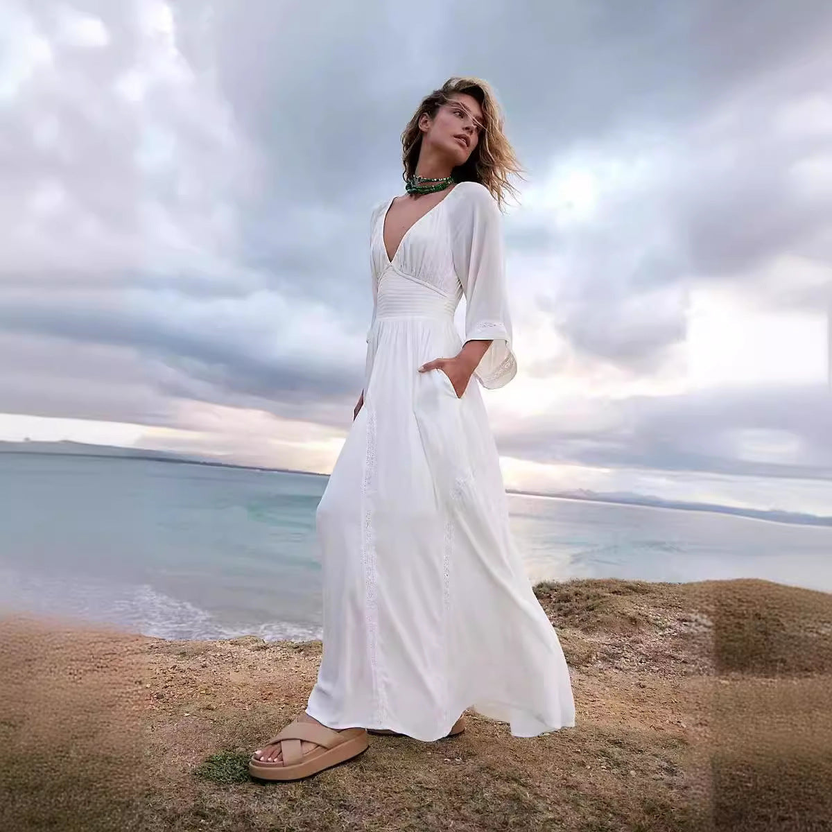 qgtao pop culture dress to impress New Solid Color Long Fashion Sexy V-neck Tight Waist Fashion Snow Chiffon Dress