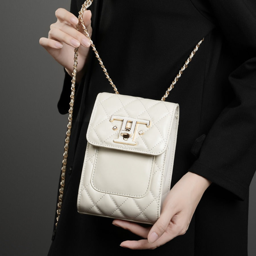 2025 Leather chain women's bag popular new autumn first-layer cowhide mobile phone bag shoulder messenger bag mini bag