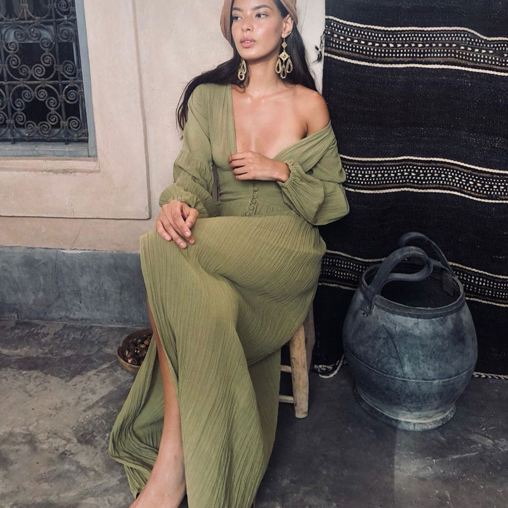 qgtao pop culture dress to impress Women's Clothing New French Style Retro V-neck Waist Pleated Loose Slit Temperament Long Sleeve Dress