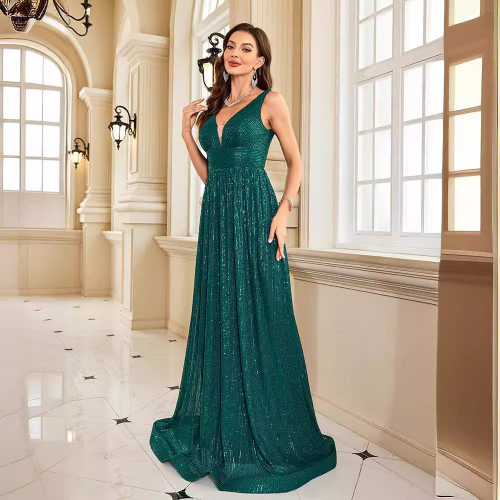 2025sexy backless dress new green slim long catwalk banquet deep V evening dress