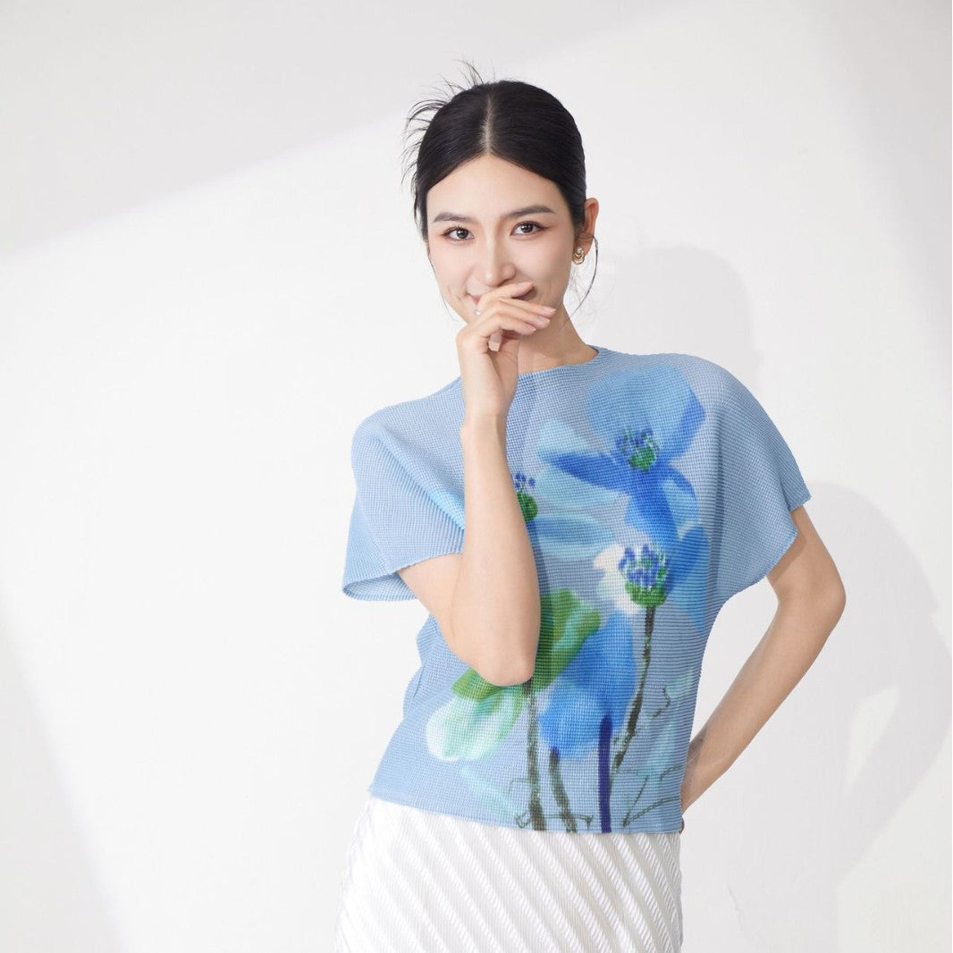 Women's summer clothes design sense niche T-shirt unique chic printing versatile pleated loose short-sleeved top tide