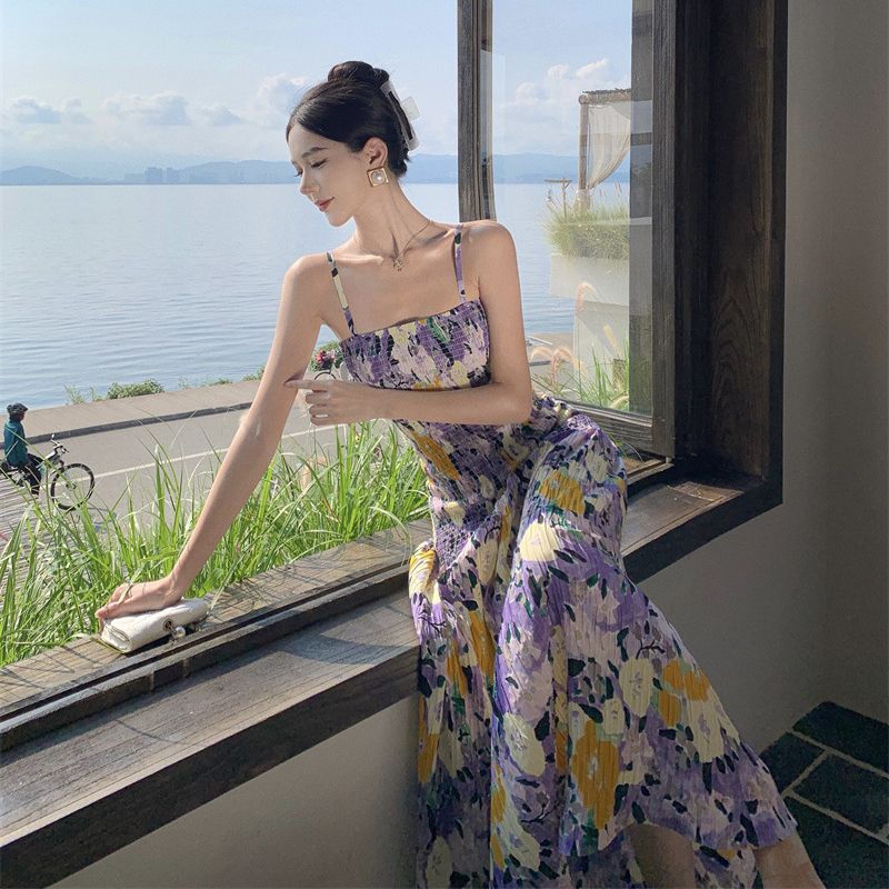 2025 Travel photo nice skirt summer romantic bohemian oil painting smudge atmosphere vacation suspender skirt