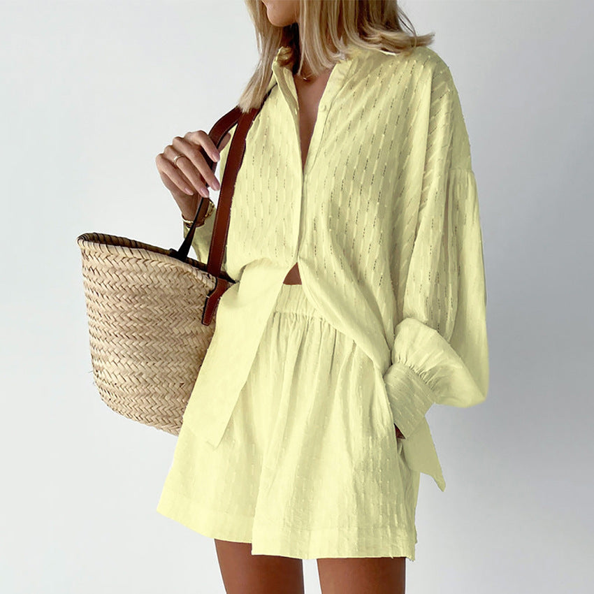 2025 popular Summer Women's Shirts Jacquard Bubble Sleeves Temperament Tops Shorts Commuter Design Casual Suit