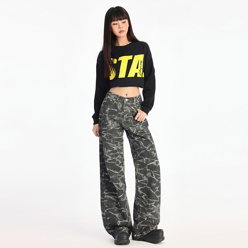 2025 n high street tooling wide-leg camouflage jeans women's autumn retro high-waisted loose and thin straight casual pants