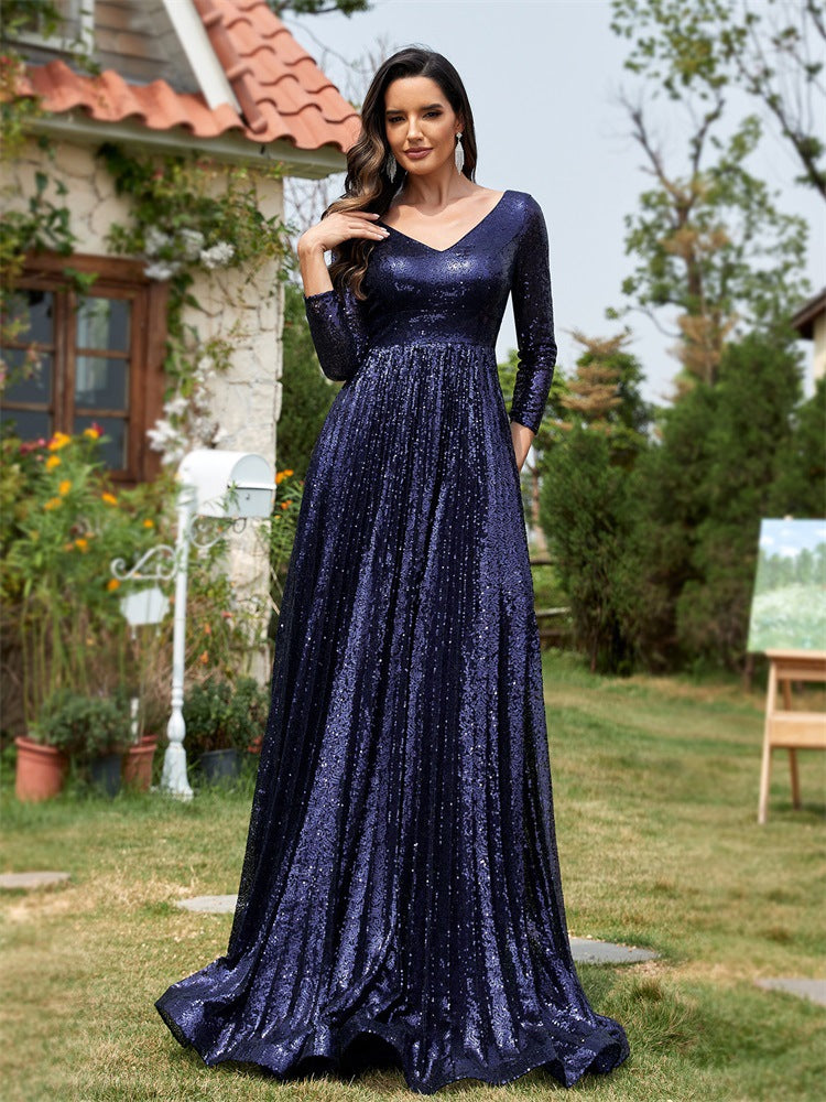 2025dresses new elegant sequins V-neck long sleeves fashion trend banquet dresses factory supply