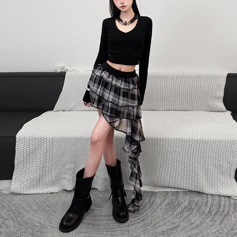 2025 style spring new women's clothing three-dimensional ruffle edge splicing design high-waisted plaid skirt