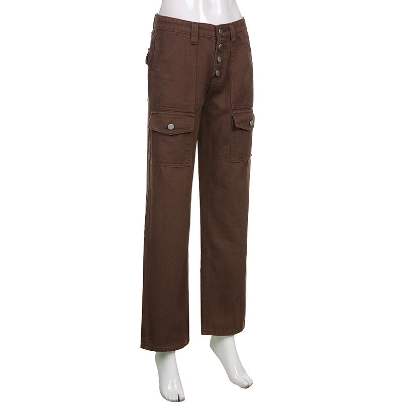 2025 2021 Popularan Station New Women's Clothing Multi-Pocket Design High Waist Slim Fit Hip Lift Street Shot Denim Overalls Trousers