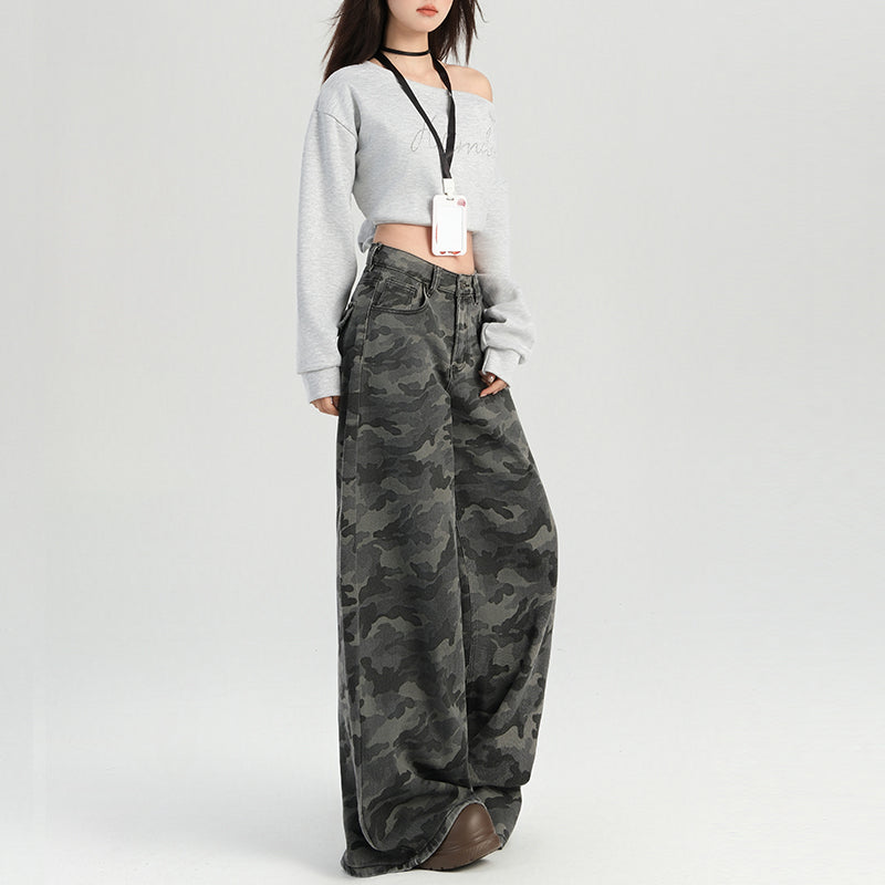2025 n high street tooling wide-leg camouflage jeans women's autumn retro high-waisted loose and thin straight casual pants